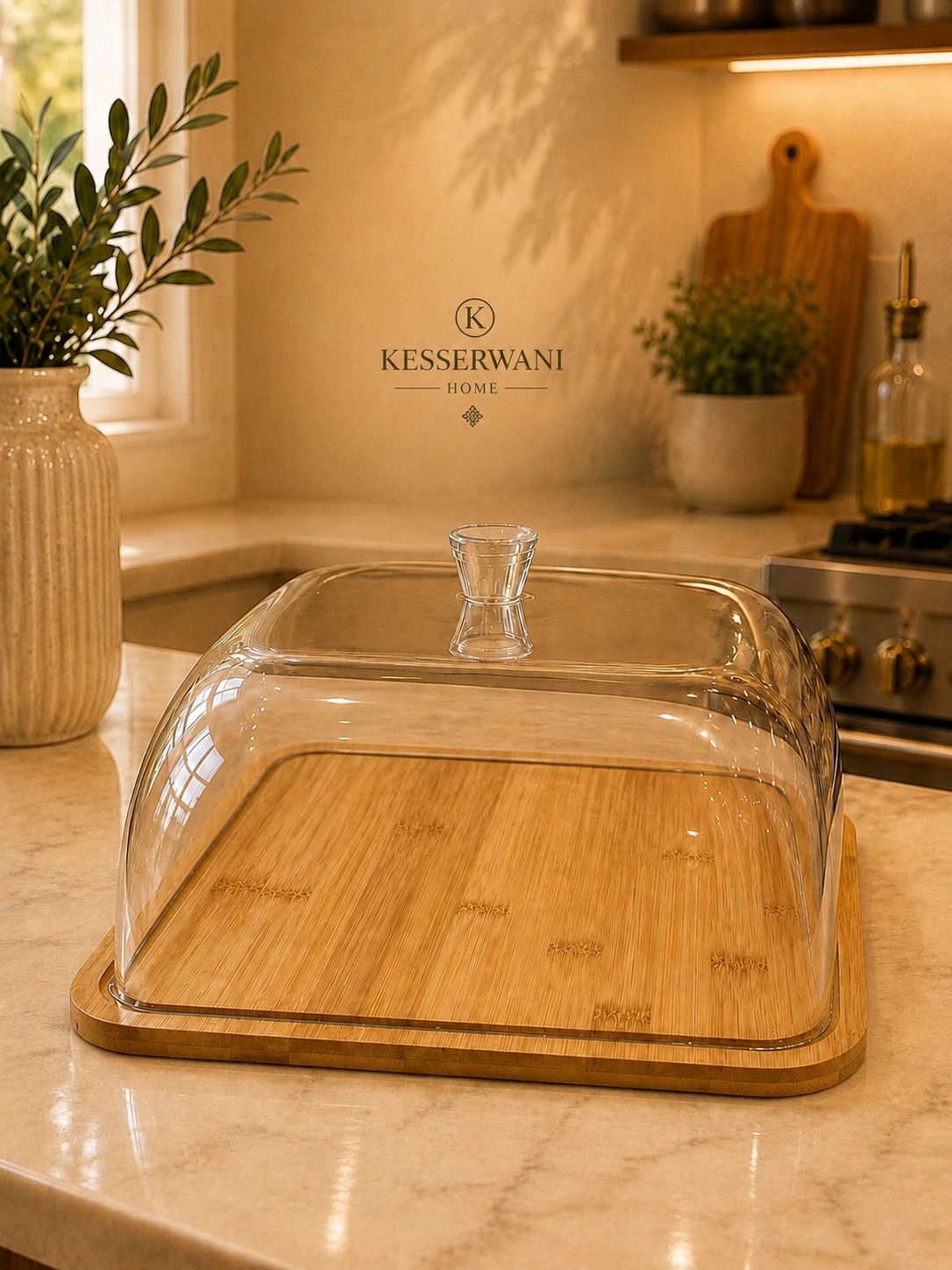 Square Glass Cake Dome with Bamboo Base