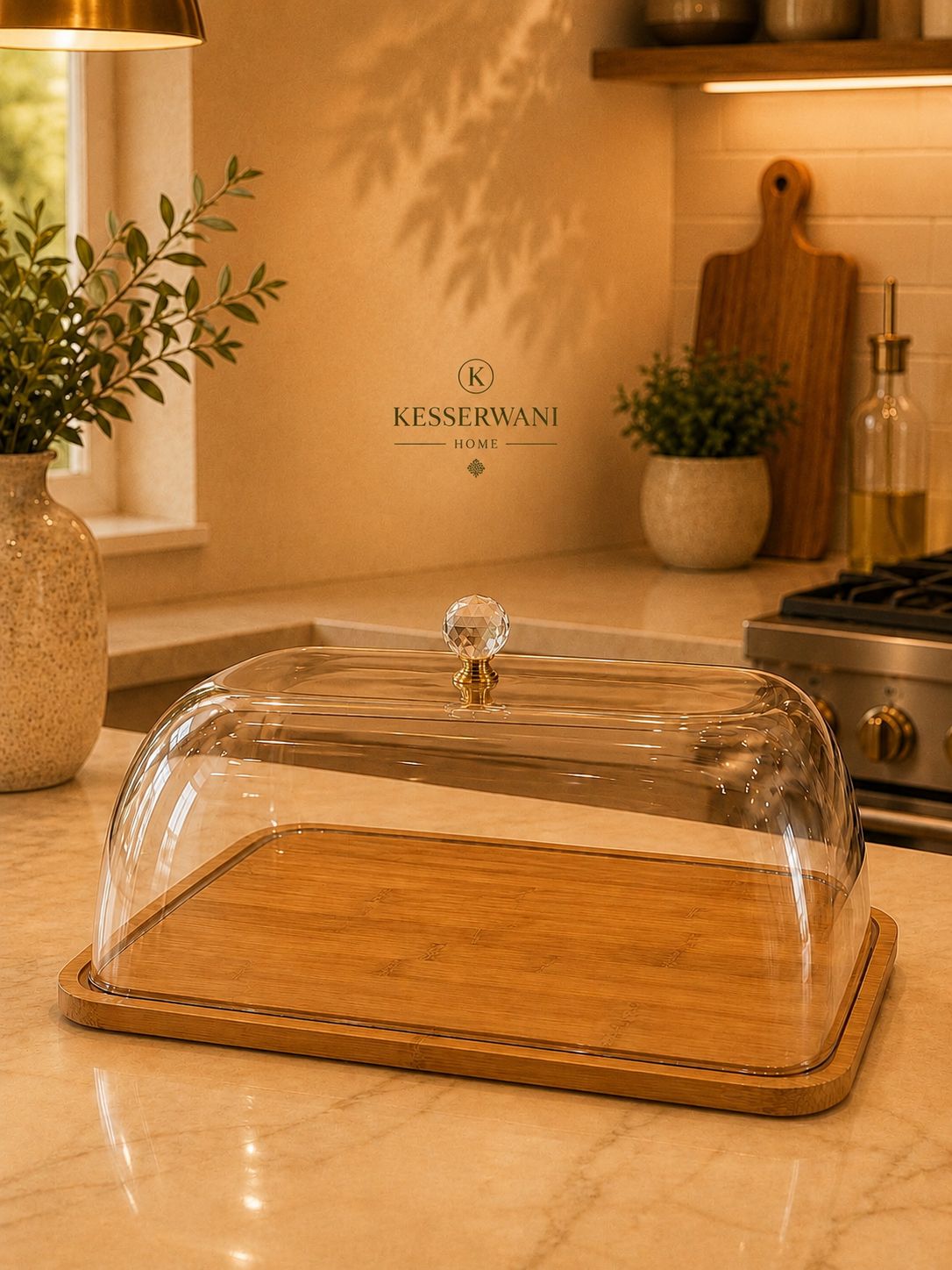 Rectangular Glass Serving Dome with Bamboo Base