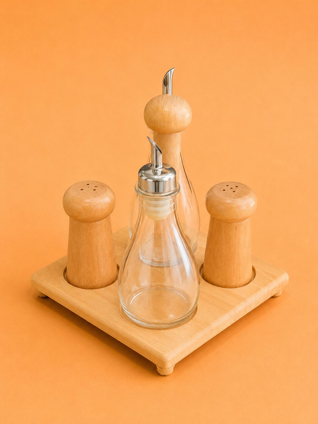 Wooden Condiment Set with Glass Bottles