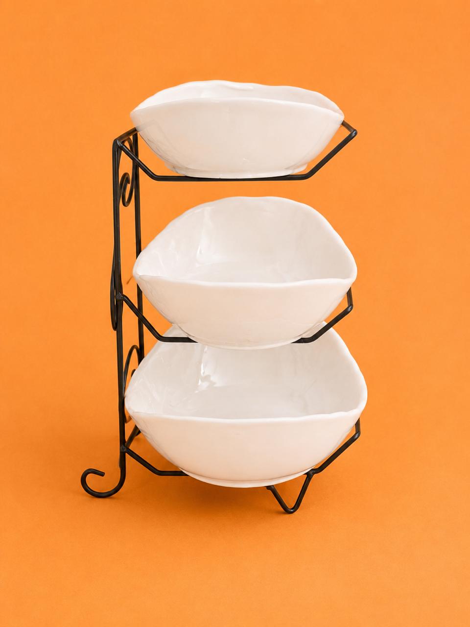 3-Tier Porcelain Bowl Set with Metal Stand