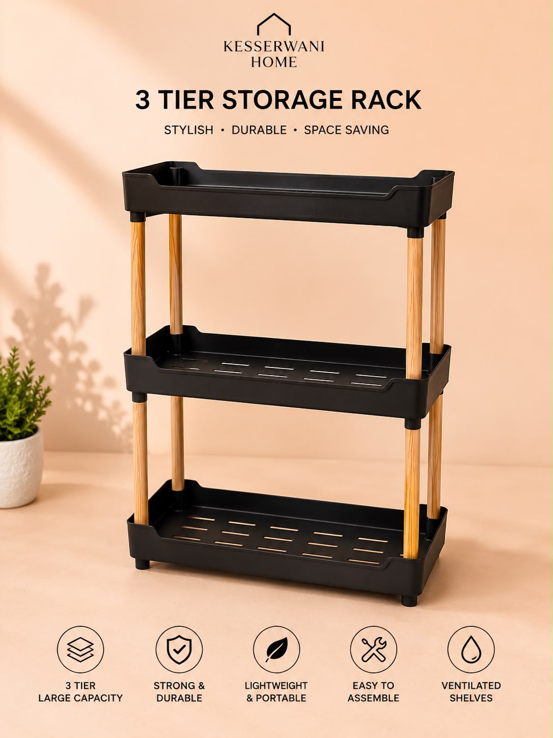 3 Tier Plastic Storage Rack 67x40cm