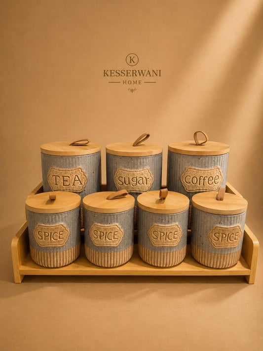 Grey Porcelain Kitchen Canister Set – 7 Pieces