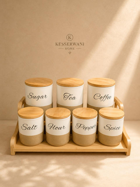 White &  Beige Porcelain Kitchen Canister Set – 7 Pieces