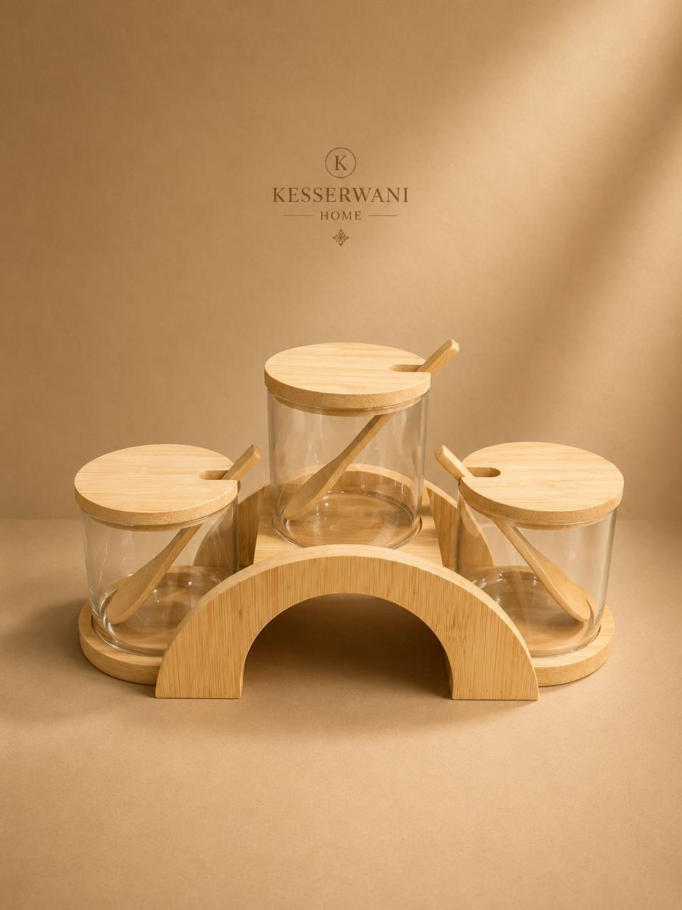 3-Piece Glass Condiment Jar Set with Bamboo Stand