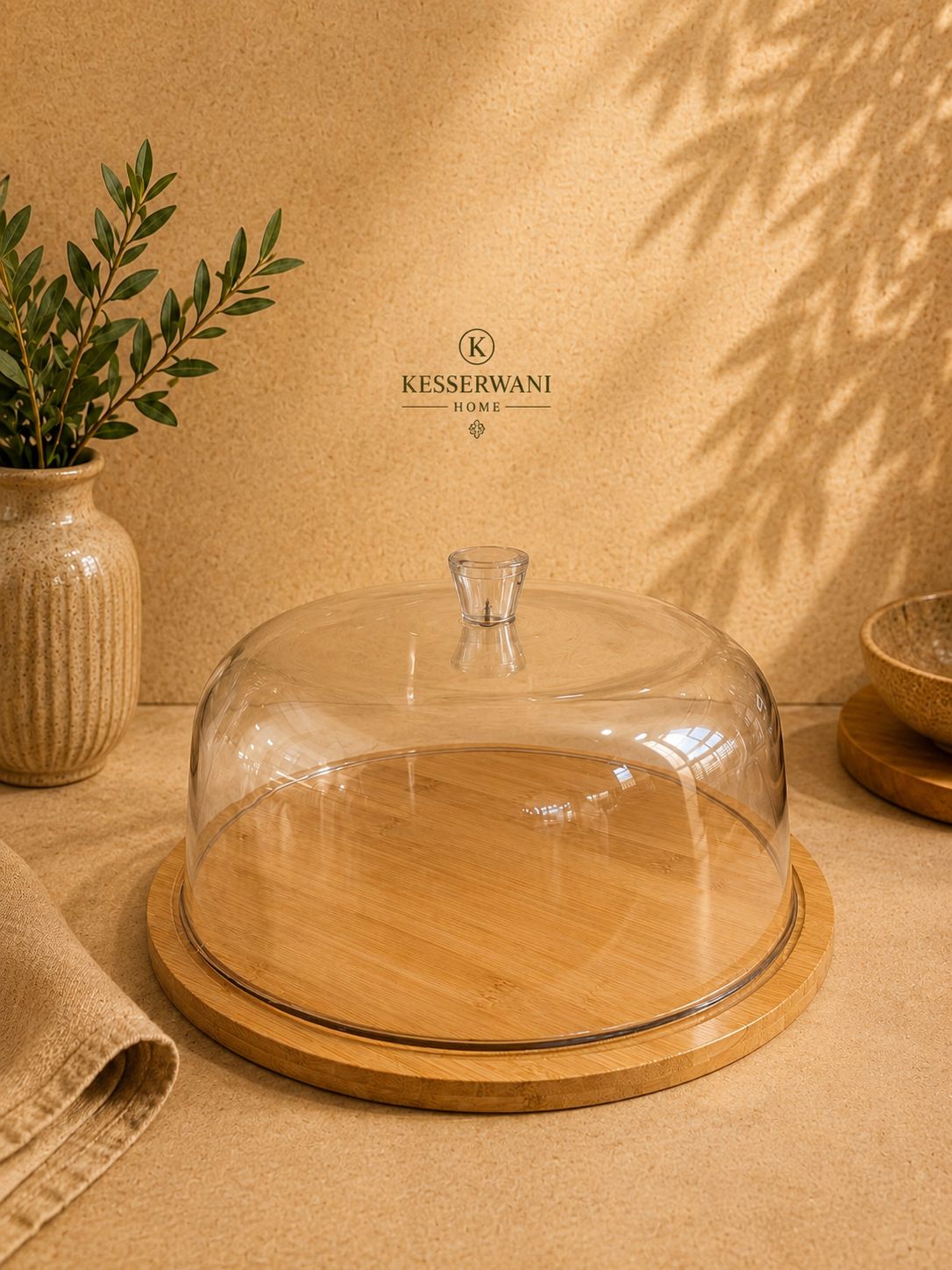 Round Glass Cake Dome with Bamboo Base