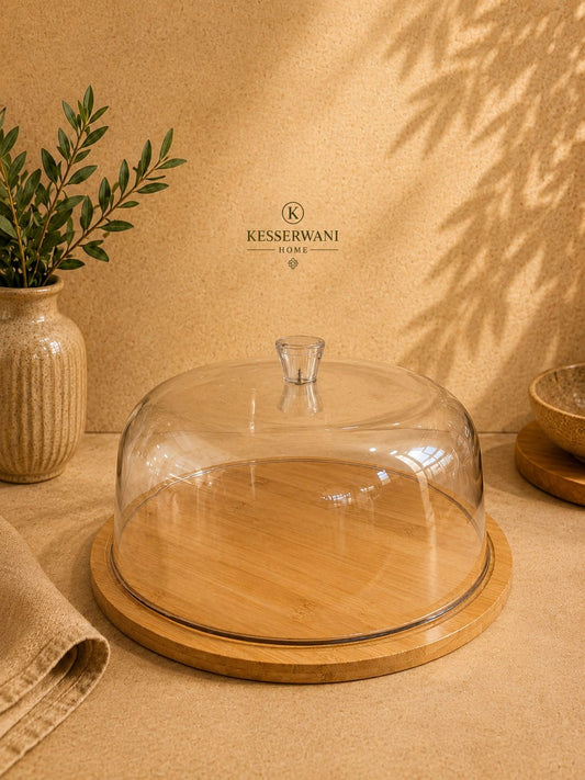 Round Glass Cake Dome with Bamboo Base
