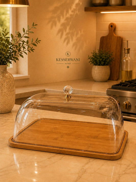Rectangular Glass Serving Dome with Bamboo Base