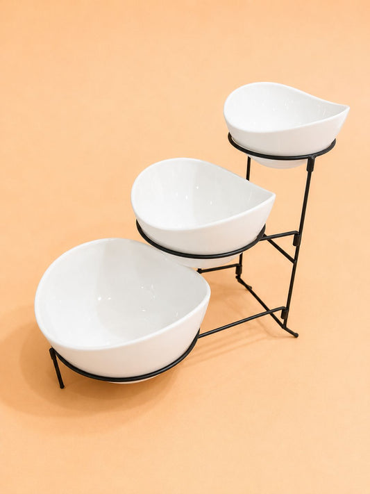 3-Tier Porcelain Bowl Set with Black Stand