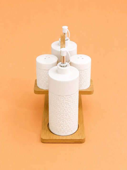 Oil &amp; Condiment Set with Wooden Stand