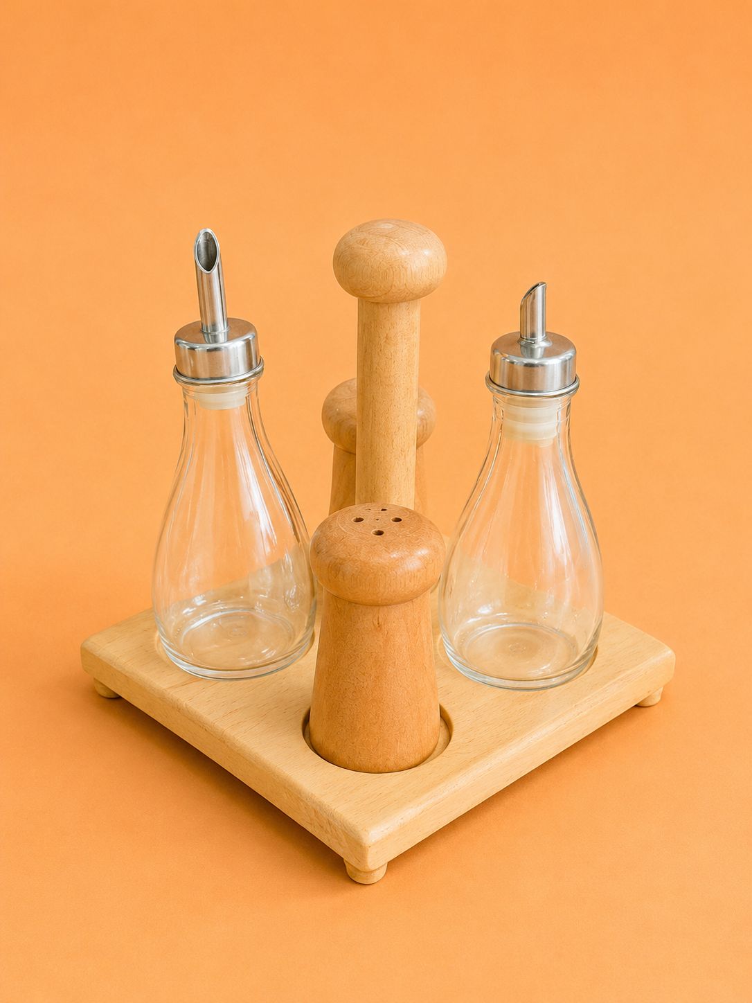 Wooden Condiment Set with Glass Bottles