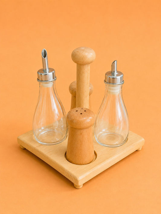 Wooden Condiment Set with Glass Bottles