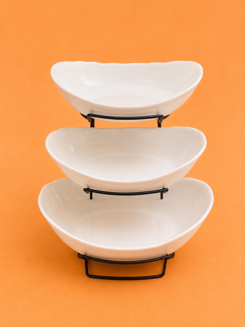 3-Tier Porcelain Bowl Set with Metal Stand