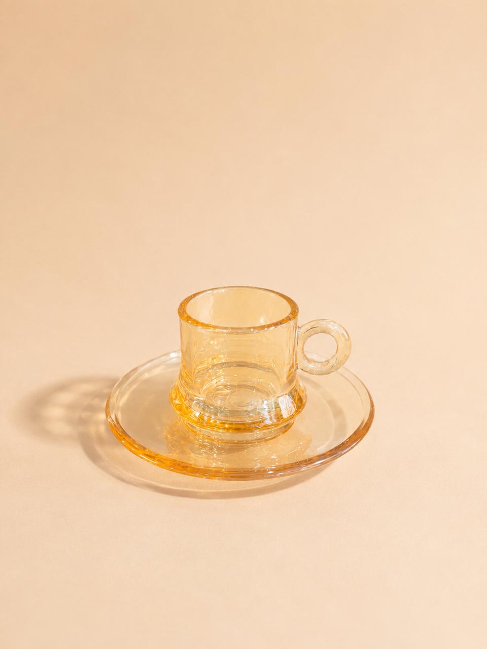 Amber Glass Coffee Cup & Saucer Set – 6 Cups &amp; 6 Saucers (80 ml)