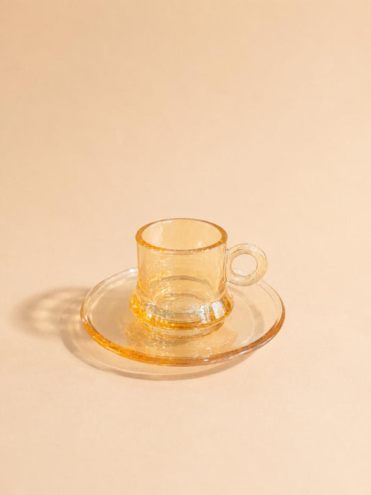Amber Glass Coffee Cup & Saucer Set – 6 Cups &amp; 6 Saucers (80 ml)