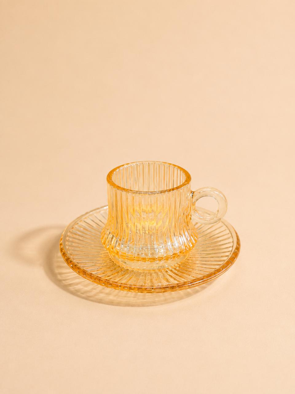 Amber Glass Coffee Cup & Saucer Set – 6 Cups &amp; 6 Saucers (80 ml)