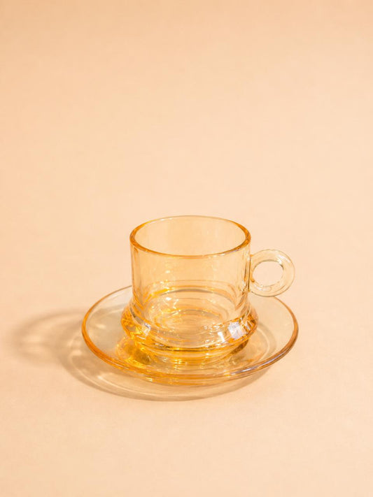 Amber Glass Tea Cup &amp; Saucer Set – 6 Cups &amp; 6 Saucers (150 ml)