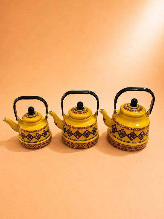 Traditional Enamel Tea Kettle – Yellow Tribal Pattern 3 Sizes