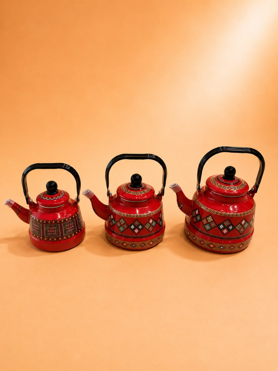 Traditional Enamel Tea Kettle – Red Tribal Pattern 3 Sizes