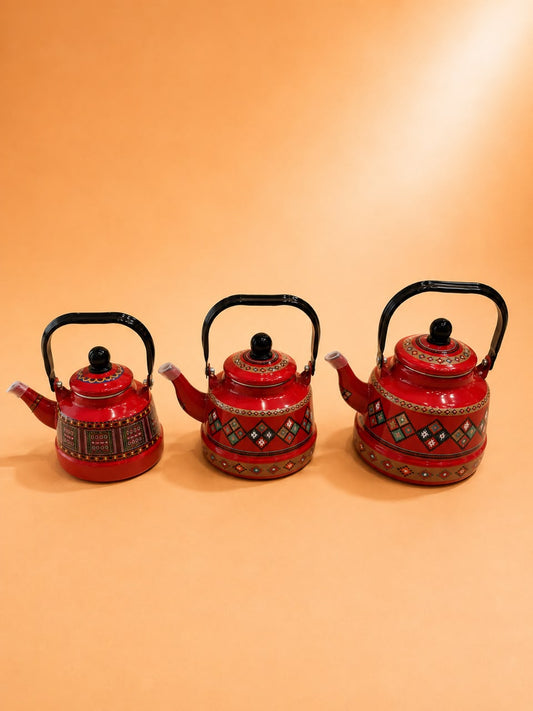 Traditional Enamel Tea Kettle – Red Tribal Pattern 3 Sizes
