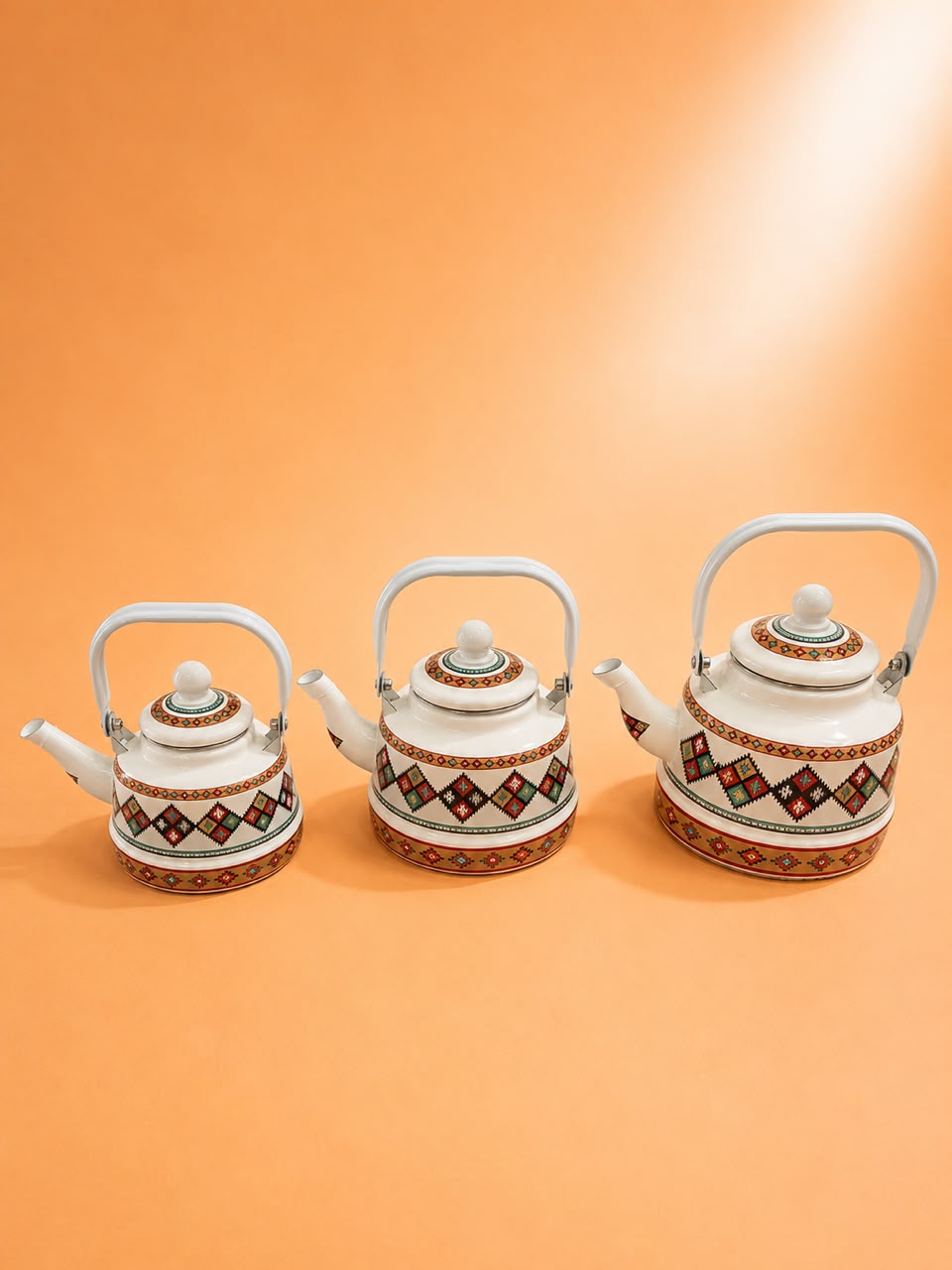 Traditional Enamel Tea Kettle – White Tribal Pattern 3 Sizes