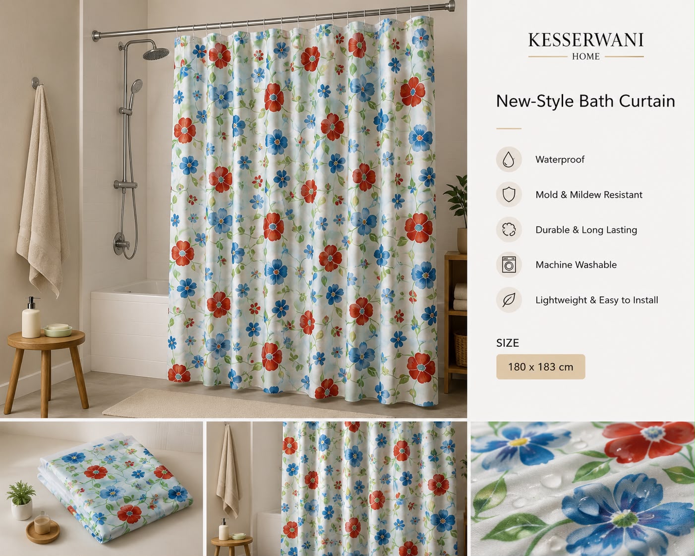 Floral Shower Curtain 1.83m x 1.83m