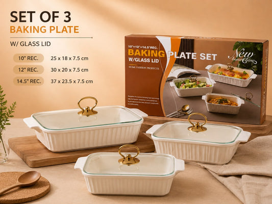3-Piece Rectangular Baking Plate Set with Glass Lids
