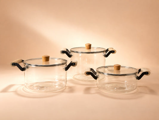 Glass Cookware Pot with Wooden Handles 3 Sizes