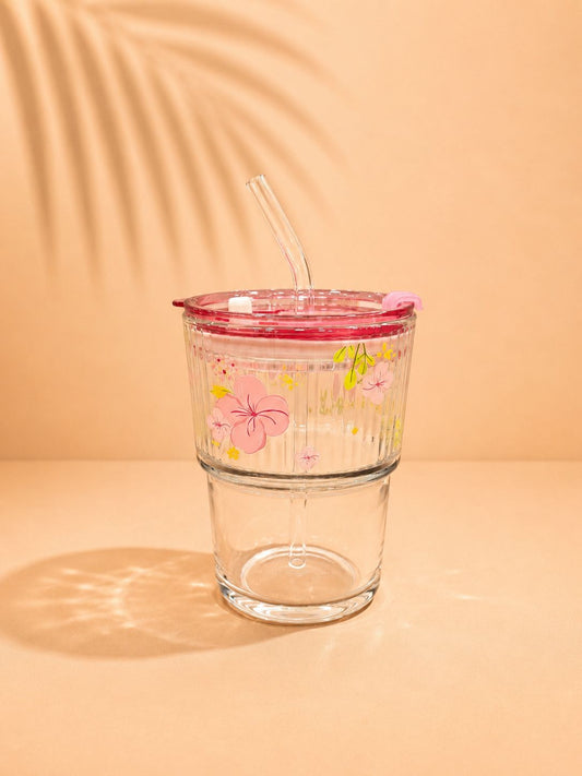 Floral Glass Tumbler with Lid & Straw – 435ml