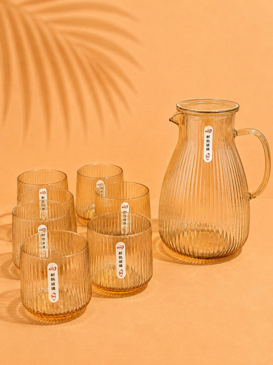 Amber Glass Jug & 6 Cups Set – 2L + 330ml